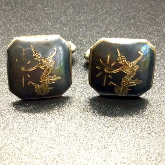 VINTAGE ROYAL SIAM MEKKALA GODDESS NIELLO ENAMEL STERLING SILVER CUFFLIN… - Picture 1 of 6